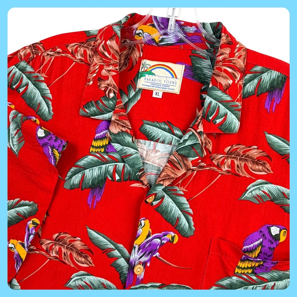Paradise Found Magnum PI Jungle Bird Shirt Men XL Red Rayon Parrot Hawaiian Camp